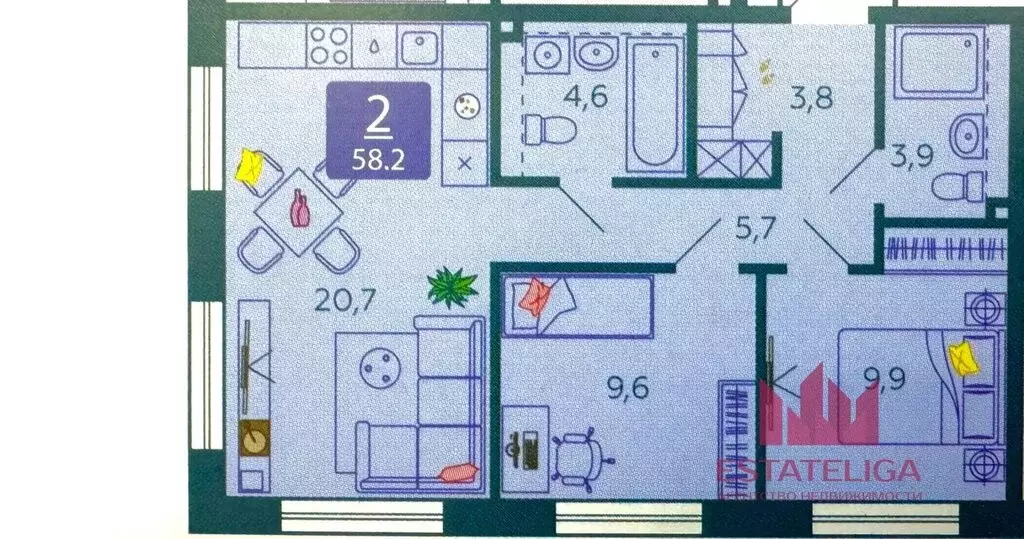 2-комнатная квартира: Москва, набережная Марка Шагала, 11к2 (58.2 м) - Фото 0