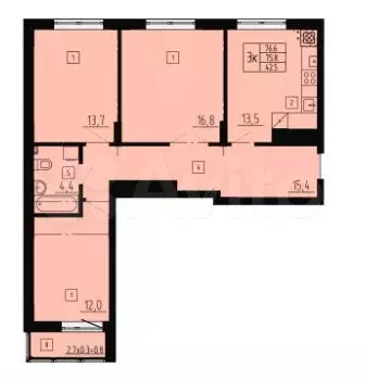 3-к. квартира, 76,6 м, 8/8 эт. - Фото 1