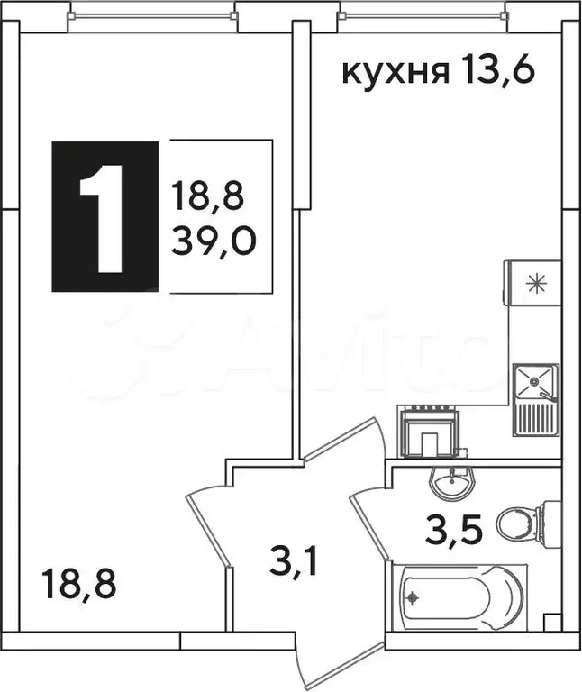 1-к. квартира, 39 м, 2/16 эт. - Фото 0