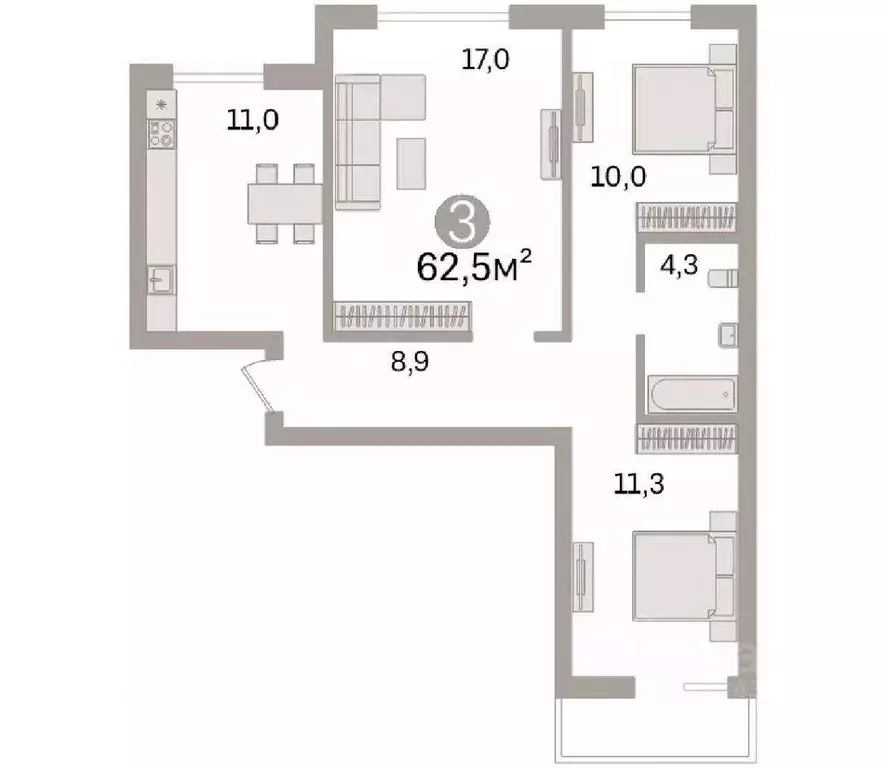 3-к кв. Омская область, Омск ул. Дмитриева, 1/7 (62.5 м) - Фото 1