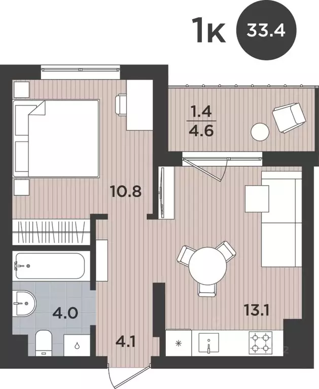 1-к кв. Калининградская область, Калининград Тихорецкая ул. (33.4 м) - Фото 1