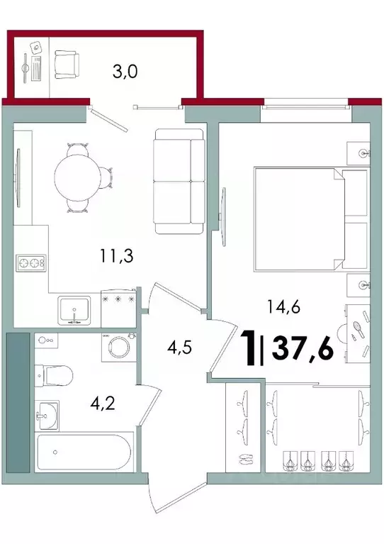 1-к кв. Тверская область, Тверь Южный жилой комплекс (37.6 м) - Фото 1