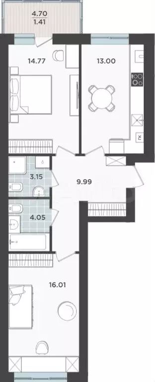 2-к. квартира, 62,4 м, 1/9 эт. - Фото 1