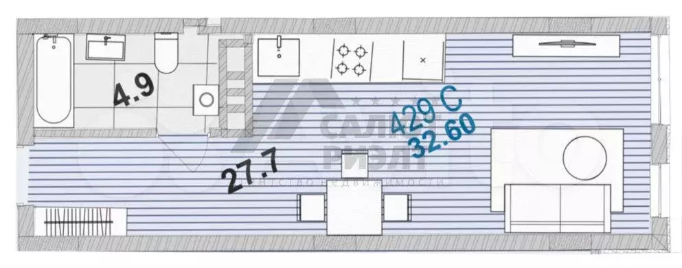 Квартира-студия, 32,6 м, 6/6 эт. - Фото 0