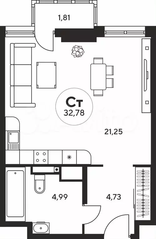 Квартира-студия, 32,8 м, 20/25 эт. - Фото 1