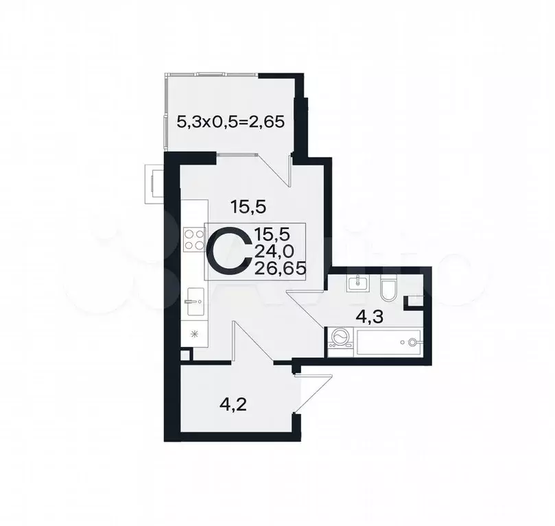 Квартира-студия, 26,7 м, 1/4 эт. - Фото 1