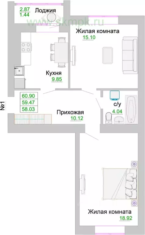 2-к кв. Калининградская область, Зеленоградск  (59.47 м) - Фото 0