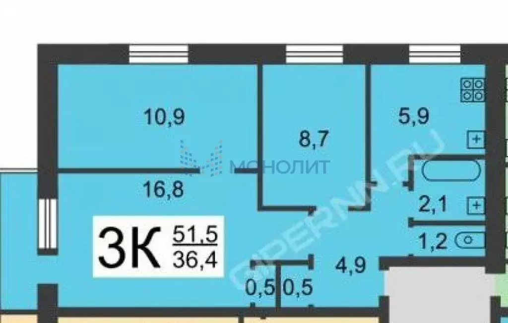 3-комнатная квартира: Нижний Новгород, улица Чаадаева, 46 (50.3 м) - Фото 2