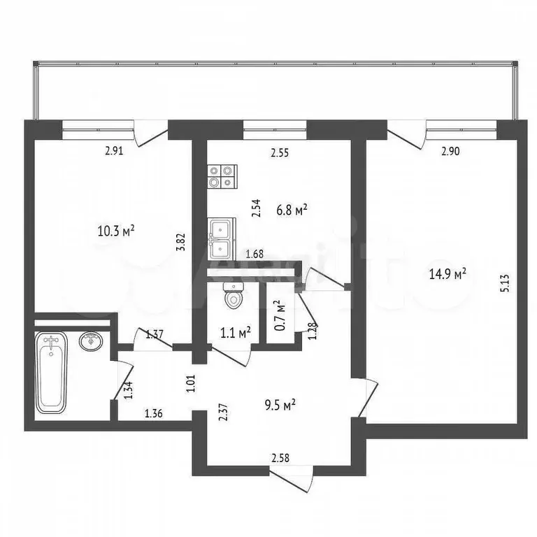 2-к. квартира, 45,6 м, 5/6 эт. - Фото 0