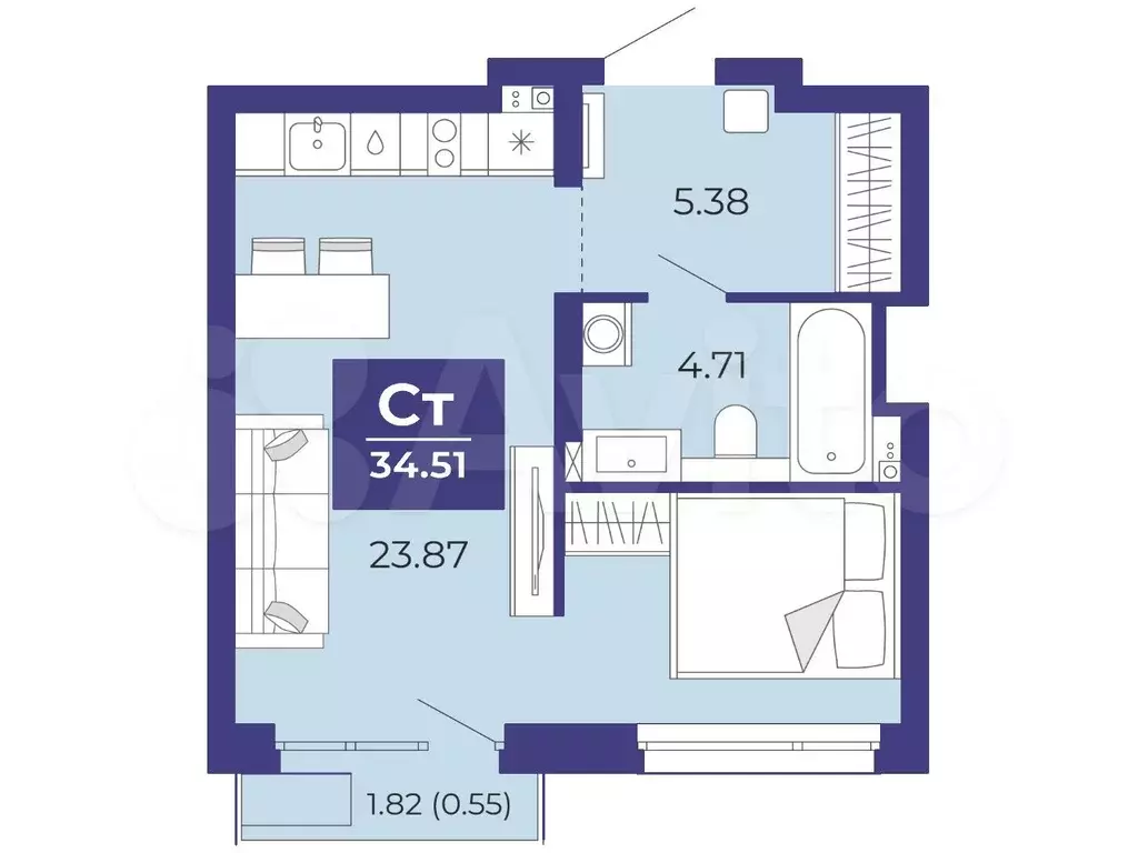 Квартира-студия, 34,5 м, 4/17 эт. - Фото 1