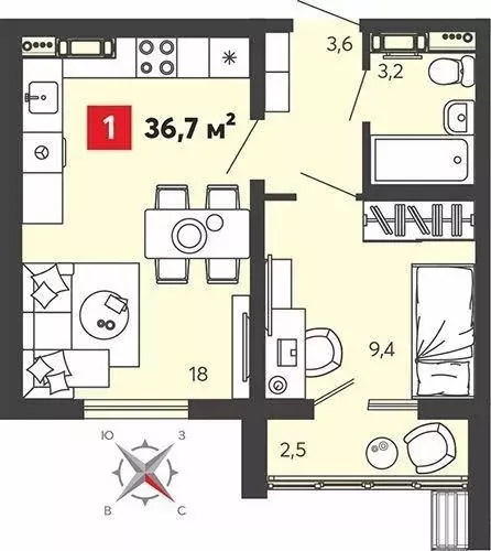 Квартира, 1 комната, 36.7 м - Фото 0