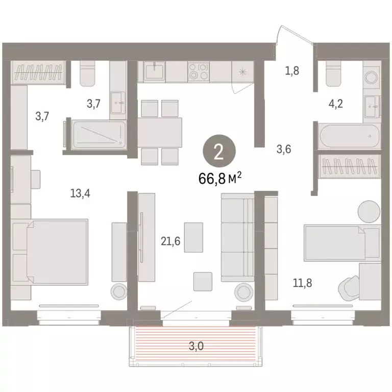 2-комнатная квартира: Тюмень, жилой комплекс На Минской (66.79 м) - Фото 1