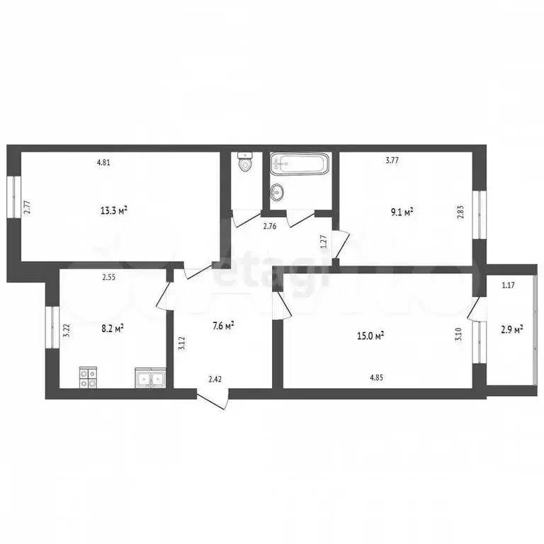 3-к. квартира, 62,1 м, 3/5 эт. - Фото 1
