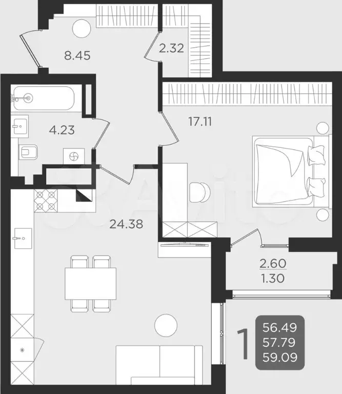 1-к. квартира, 57,8 м, 6/9 эт. - Фото 1