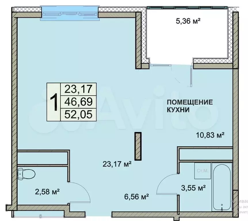 1-к. квартира, 52,1м, 13/18эт. - Фото 1