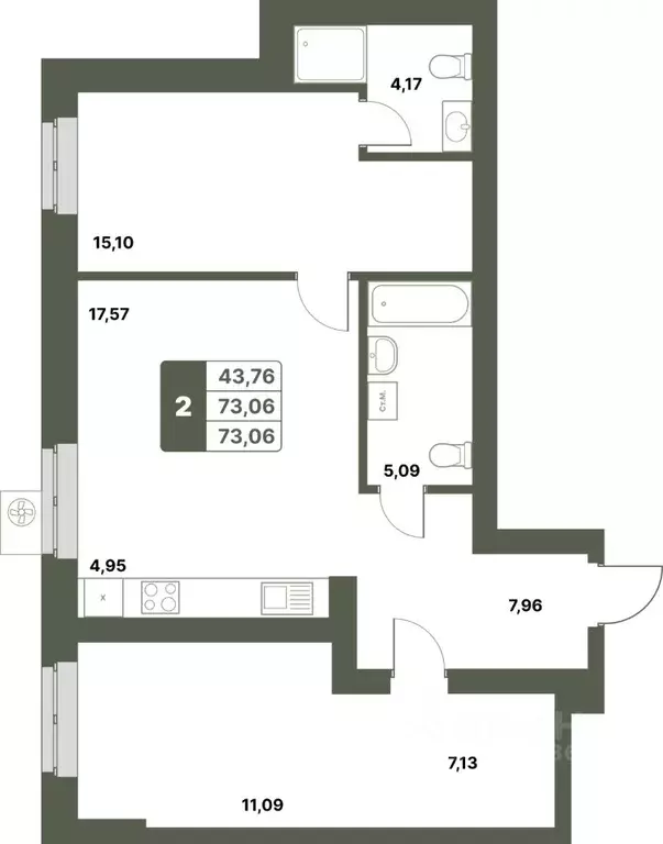 2-к кв. Башкортостан, Уфимский район, с. Миловка  (73.06 м) - Фото 0