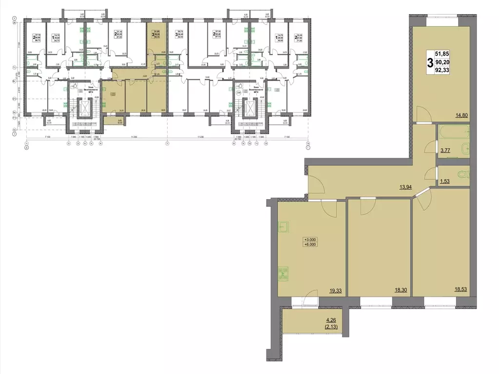 3-к квартира, 92.3 м - Фото 0