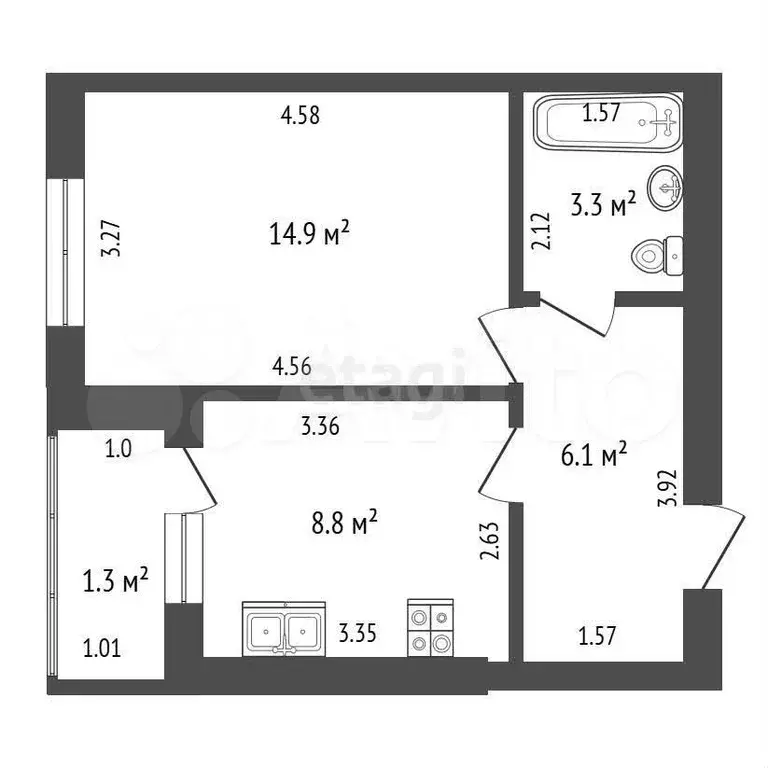 1-к. квартира, 33,1 м, 1/9 эт. - Фото 0