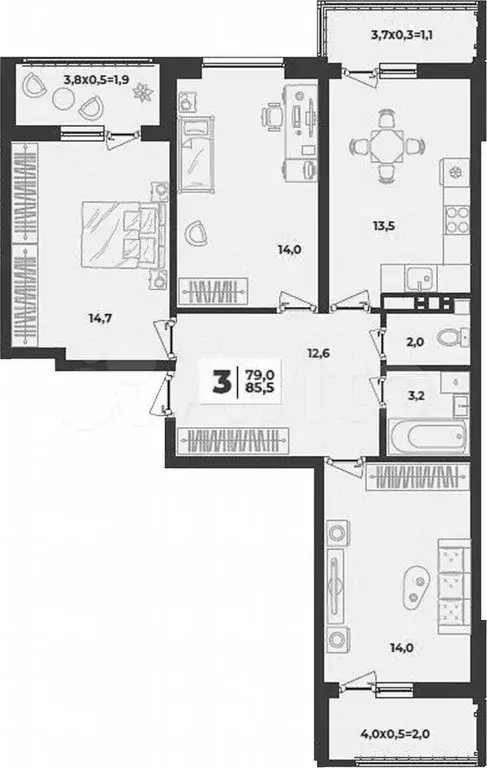 3-к. квартира, 79 м, 6/9 эт. - Фото 1