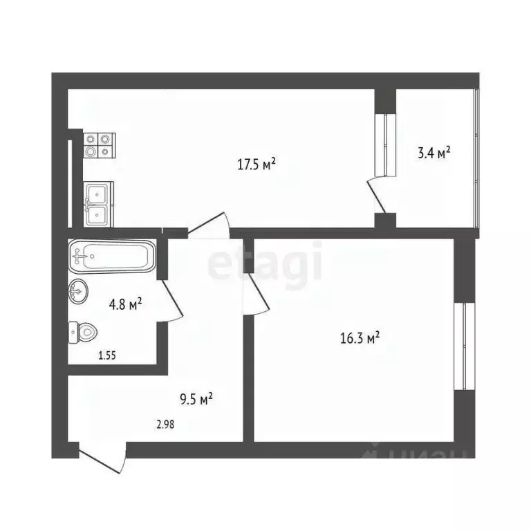 1-к кв. Калининградская область, Гурьевский муниципальный округ, пос. ... - Фото 2