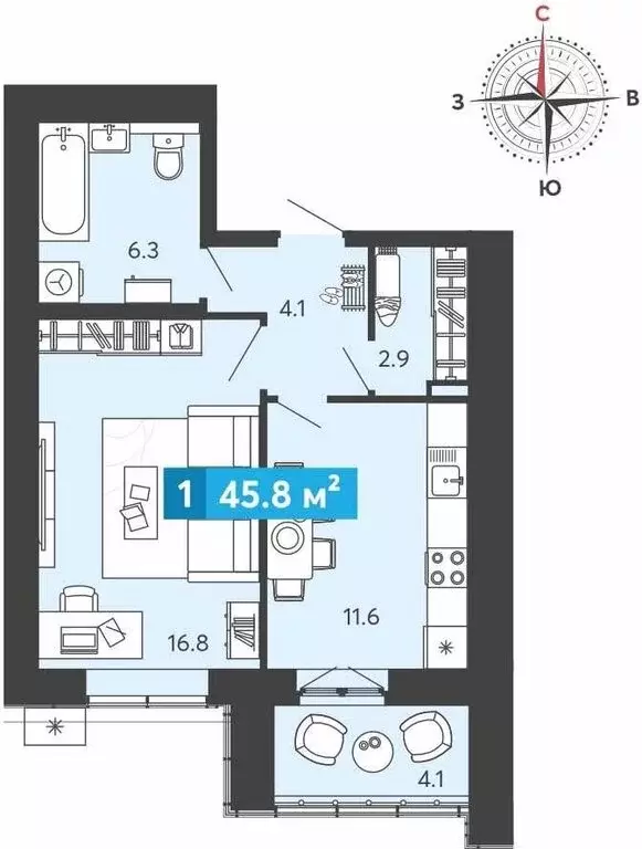 1-комнатная квартира: Засечное, Прибрежный бульвар, 5 (45.8 м) - Фото 1