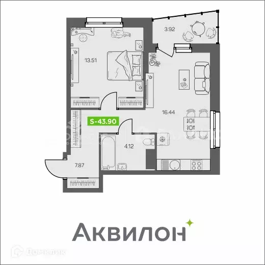 Продаётся 1-к квартира, 43.9 м - Фото 0