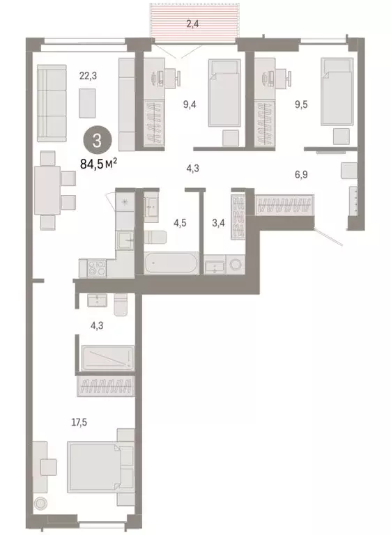 3-комнатная квартира: Новосибирск, Большевистская улица, 66 (84.47 м) - Фото 2