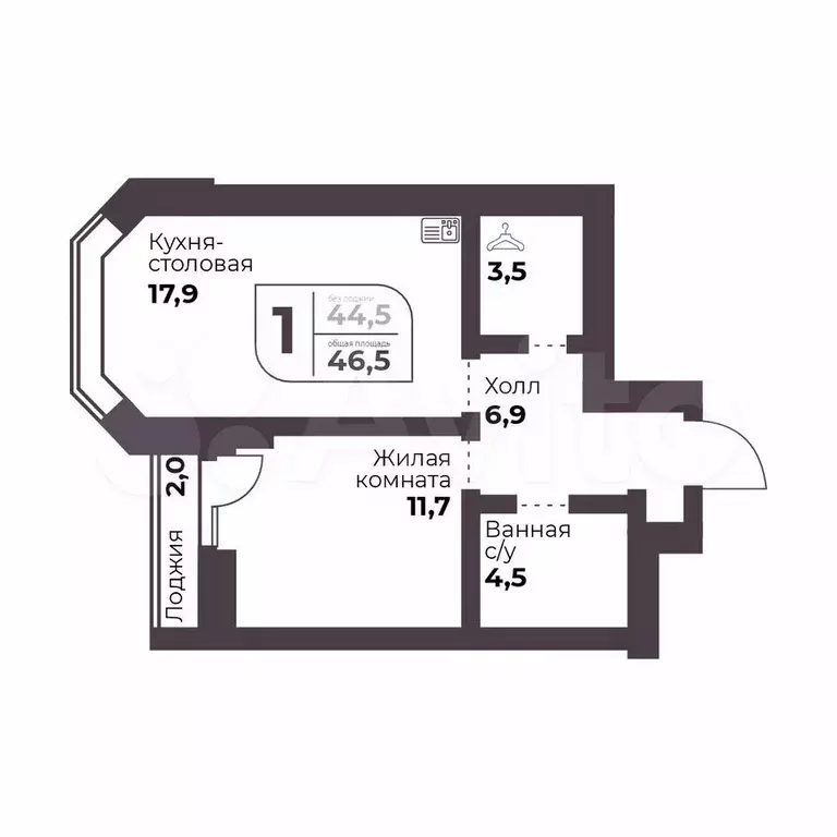1-к. квартира, 44,5 м, 2/9 эт. - Фото 0