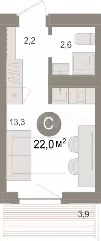 Квартира-студия, 22 м, 4/17 эт. - Фото 1