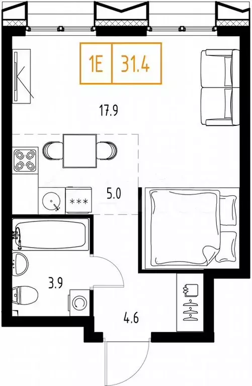 1-к. квартира, 31,4м, 7/9эт. - Фото 1