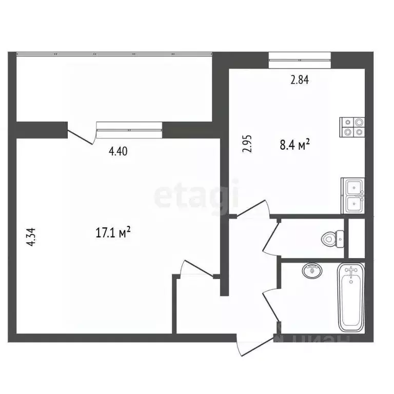 Квартира, 1 комната, 33.9 м - Фото 1