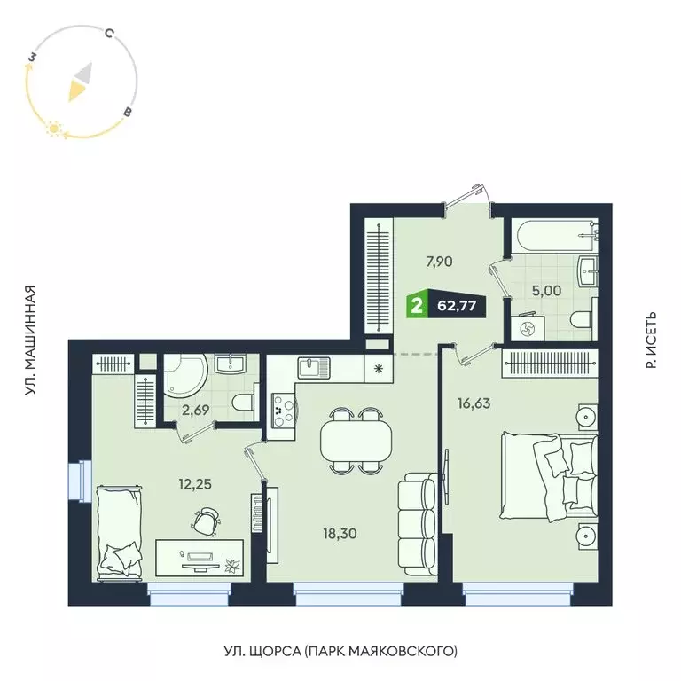 2-комнатная квартира: Екатеринбург, Машинная улица, 1В/4 (62.77 м) - Фото 1