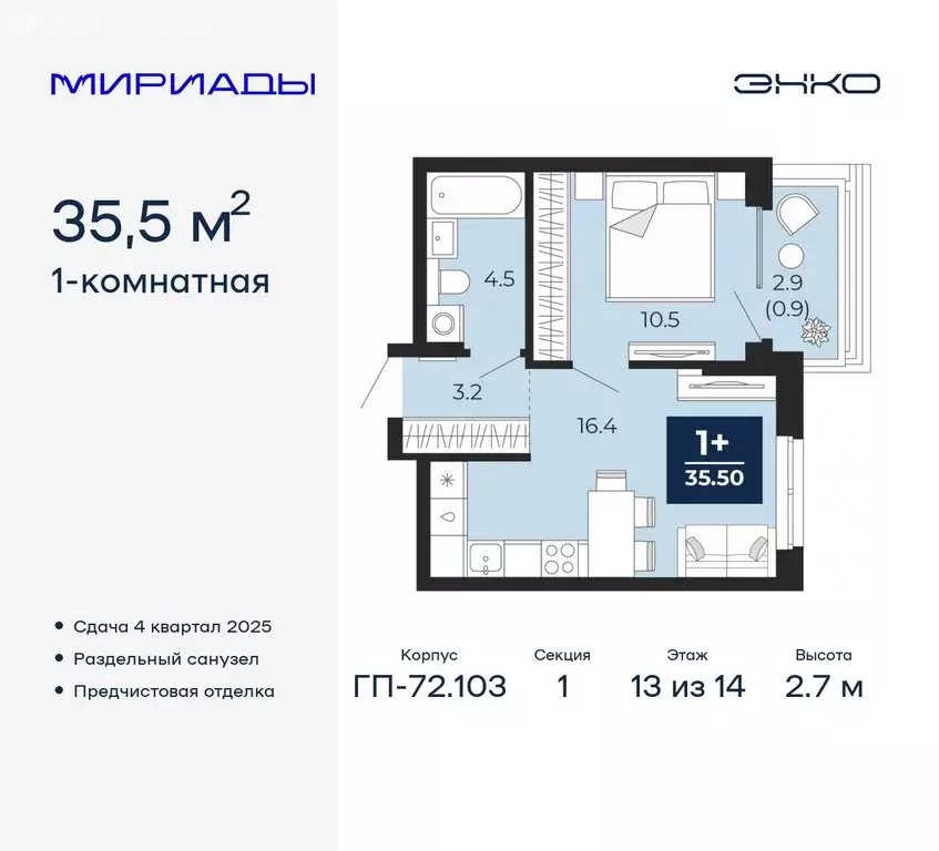 1-комнатная квартира: Тюмень, жилой комплекс Мириады (35.5 м) - Фото 0