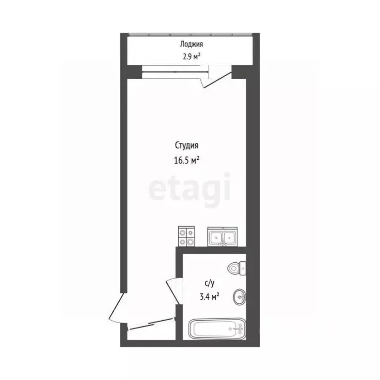 Студия Тюменская область, Тюмень ул. Новоселов, 107к1 (19.9 м) - Фото 1