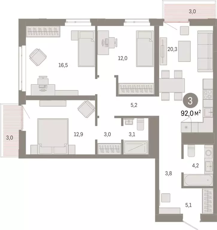 3-комнатная квартира: Тюмень, Ленинский округ (91.98 м) - Фото 1