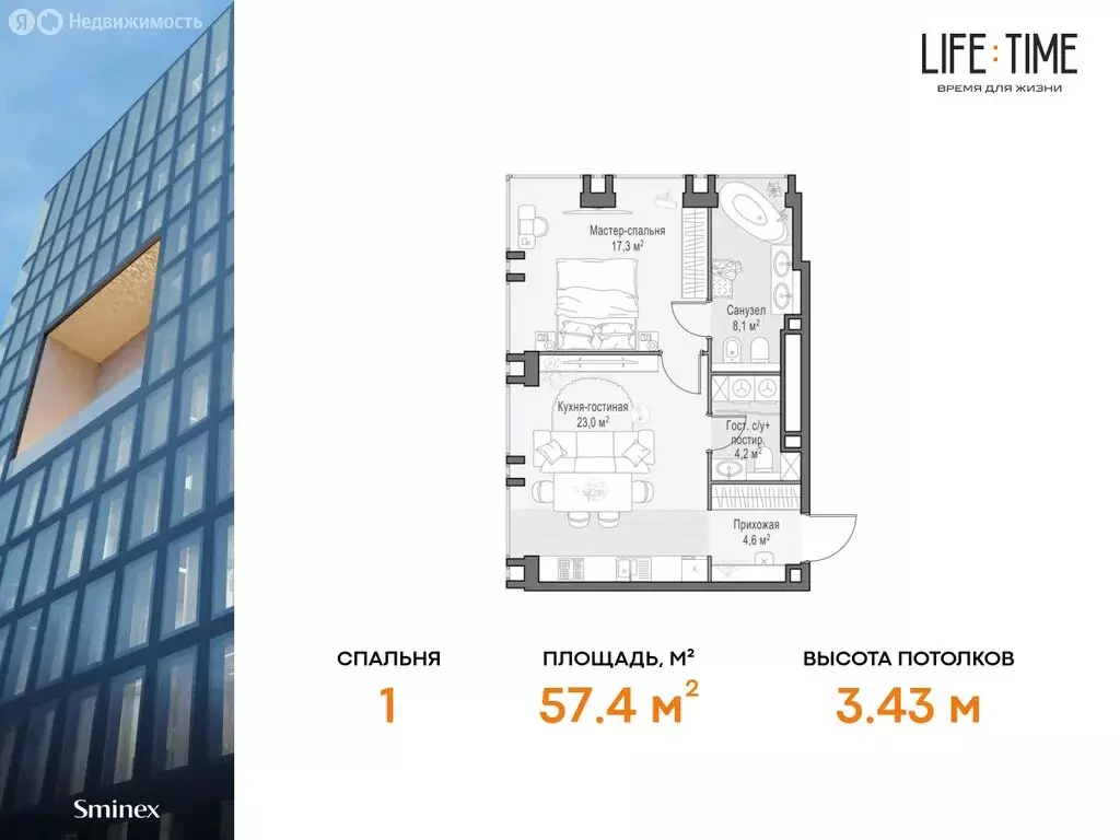 2-комнатная квартира: Москва, жилой комплекс Лайф Тайм (57.4 м) - Фото 0