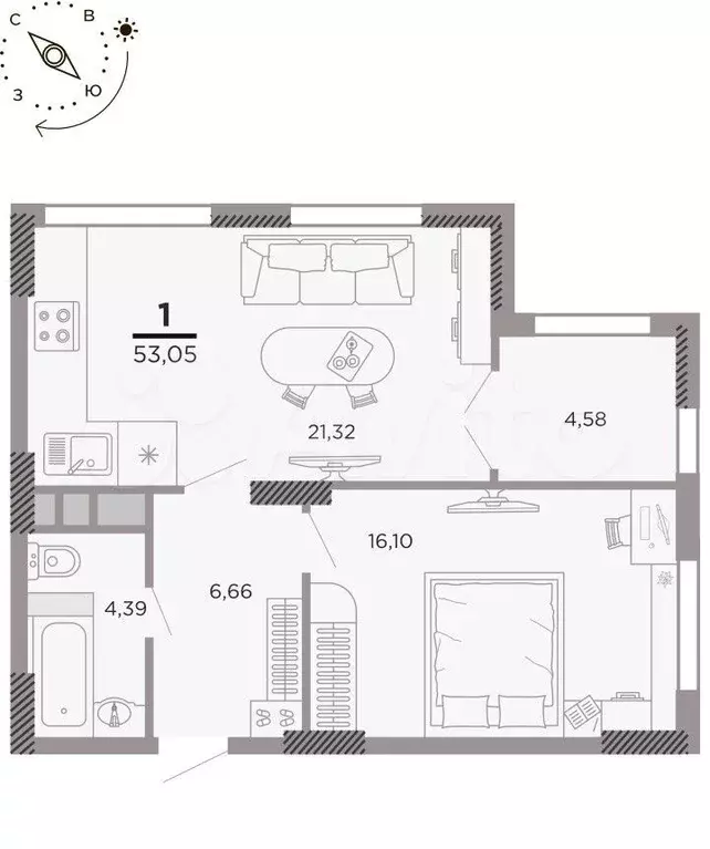 1-к. квартира, 53,1 м, 22/25 эт. - Фото 1