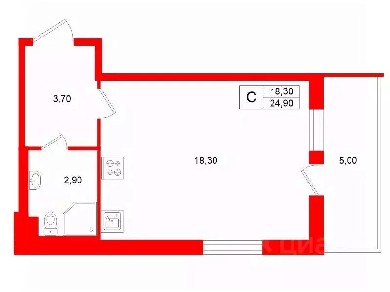 Студия Санкт-Петербург 1-й Предпортовый проезд, 11 (24.9 м) - Фото 2