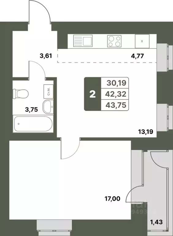 2-к кв. Башкортостан, Уфимский район, с. Миловка  (43.75 м) - Фото 1