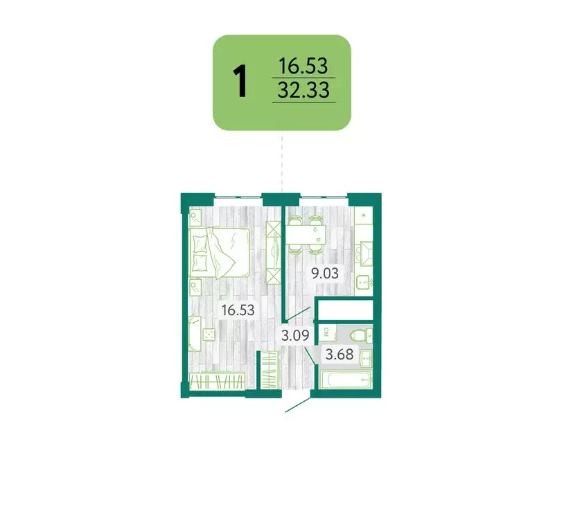 1-комнатная квартира: Белгород, Донецкая улица, 79Ак1 (32.33 м) - Фото 0