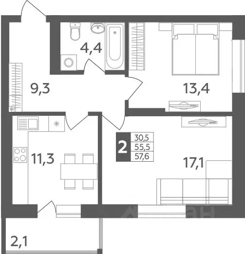 2-к кв. Башкортостан, Уфа ул. Орджоникидзе, 34 (57.6 м) - Фото 1
