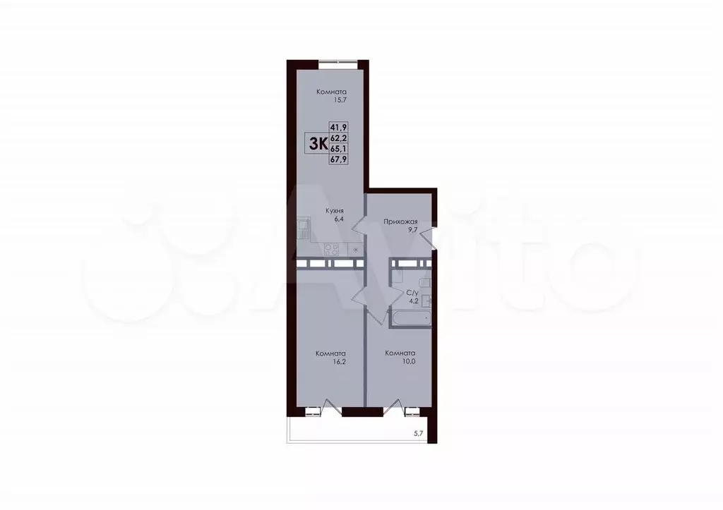 3-к. квартира, 65,1 м, 5/25 эт. - Фото 0