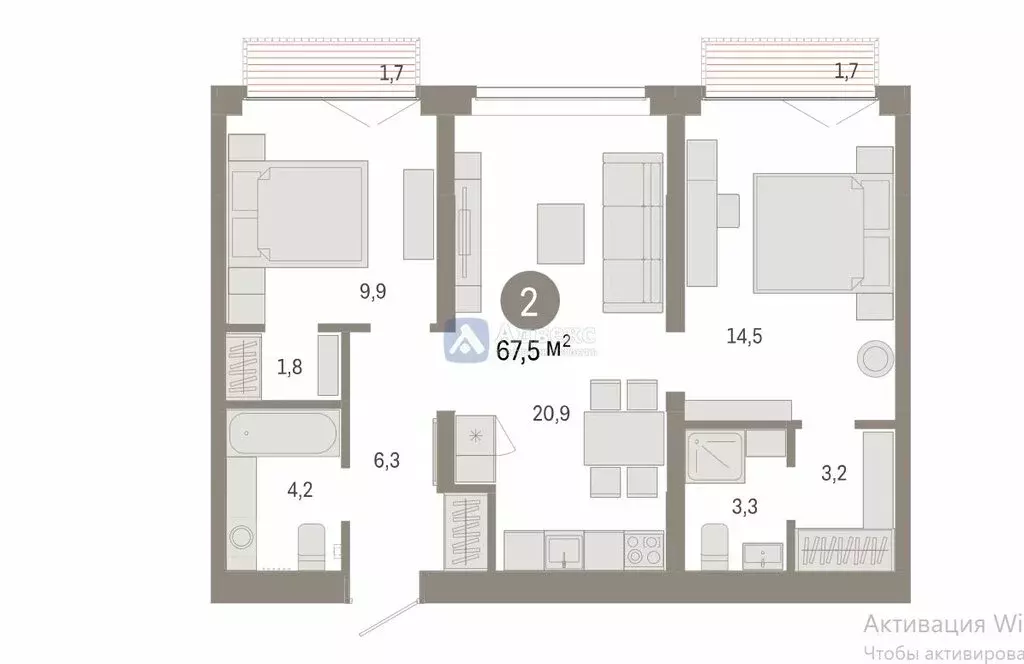 2-комнатная квартира: Тюмень, улица Республики, 205к2 (67.52 м) - Фото 2