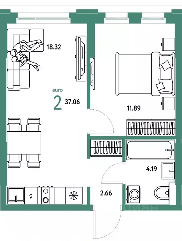 2-к кв. Тюменская область, Тюмень ул. 50 лет Октября, 61к1 (37.06 м) - Фото 1