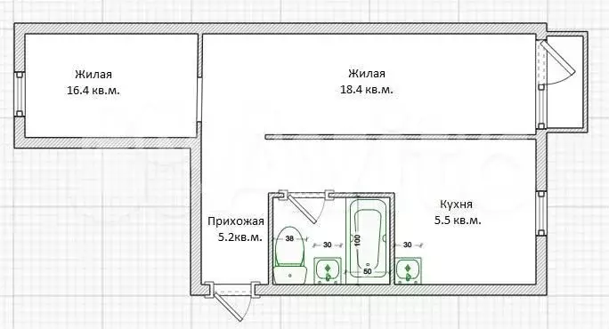 2-к. квартира, 48,3 м, 5/5 эт. - Фото 0
