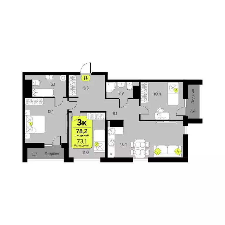 3-комнатная квартира: Тюмень, улица Ивана Чистякова, 3 (73.1 м) - Фото 2