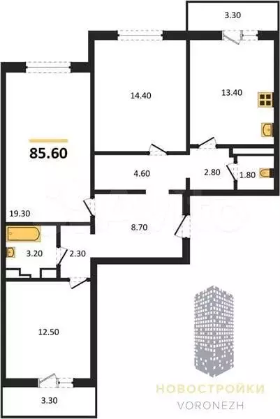 3-к. квартира, 85,6 м, 6/10 эт. - Фото 0