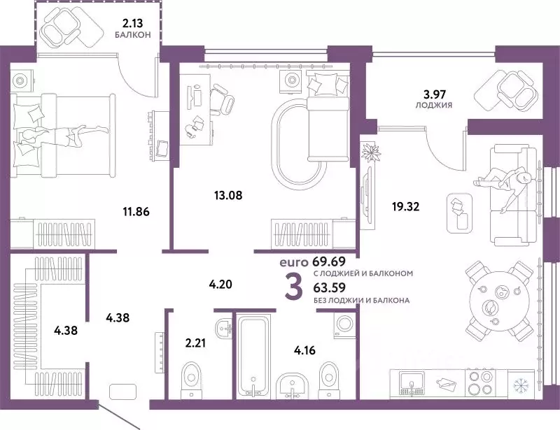 3-к кв. Тюменская область, Тюмень ул. 50 лет Октября, 63к2 (69.69 м) - Фото 1