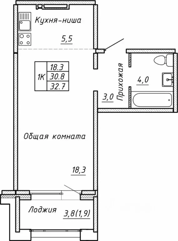 Свободной планировки кв. Новосибирская область, Новосибирск  (32.7 м) - Фото 0