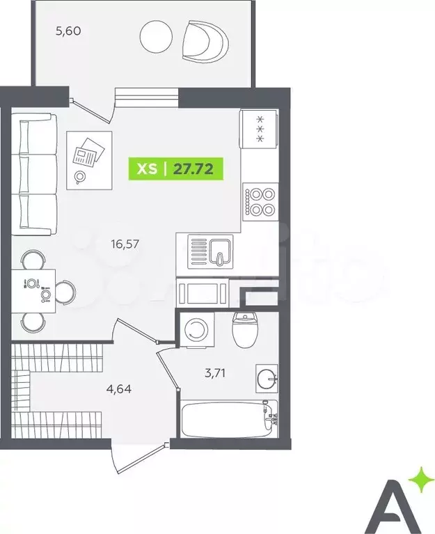 Квартира-студия, 27,7 м, 8/12 эт. - Фото 1